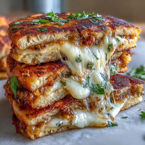 Warm naan bread crisped in nutty brown butter, stuffed with gooey mozzarella, minced garlic, and chopped parsley for a fragrant twist on grilled cheese.  