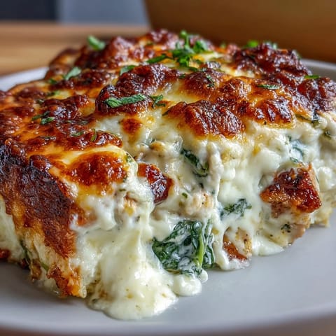 Low-carb chicken casserole packed with spinach, artichokes, and melty mozzarella for keto comfort food.  