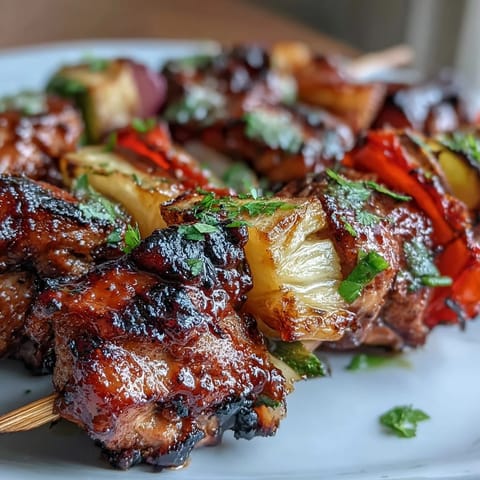 Grilled jerk chicken skewers with juicy pineapple and colorful bell peppers, marinated in spicy Caribbean seasoning for a vibrant and flavorful meal.
