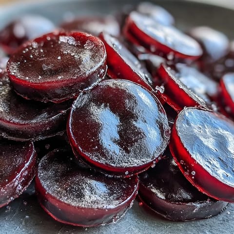 A close-up of glossy, deep purple-black chewy candies with a dusting of sugar, highlighting their rich color and texture.  
