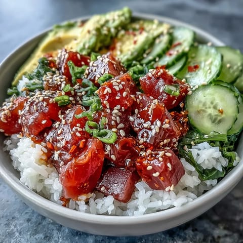 Vibrant Hawaiian poke bowl featuring spicy tuna, seaweed salad, and pickled ginger atop fluffy sushi rice.  