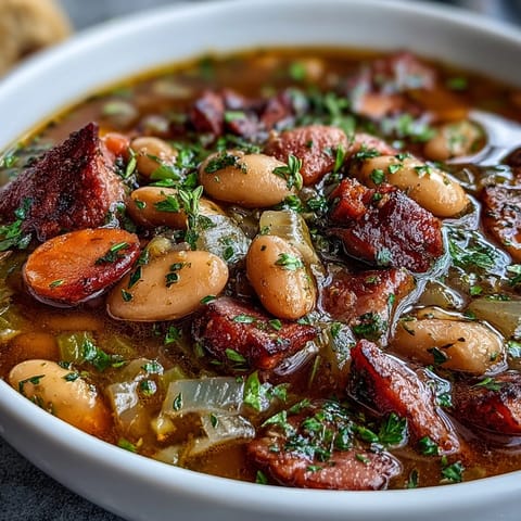 Hearty slow cooker ham and bean soup loaded with diced ham, creamy beans, and fresh vegetables for a satisfying meal.