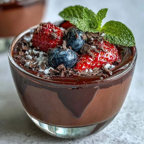 Velvety cottage cheese chocolate mousse topped with vibrant mixed berries and dark chocolate shavings for a healthy dessert.