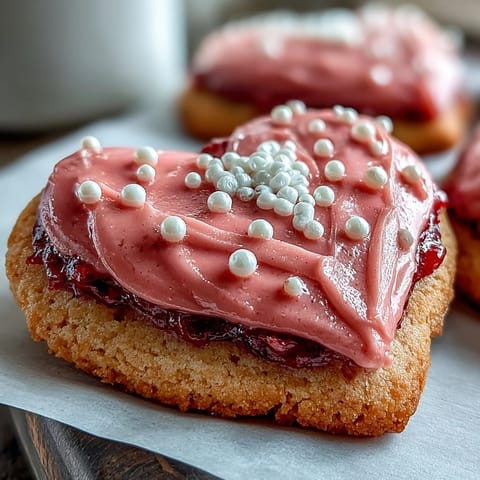 Delicate strawberry-flavored cookies decorated with smooth royal icing, ideal for sharing with loved ones on special occasions.  