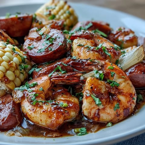 Succulent shrimp and spicy sausage simmered with tender potatoes, sweet corn, and onions in a flavorful Cajun boil.  