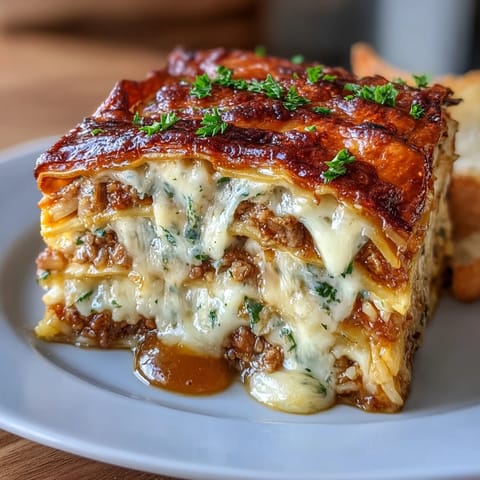 Asian Dumpling Lasagna with Soy Ginger Sauce layered with tender dumpling wrappers, savory meat, and vibrant vegetables, topped with melted cheese and zesty soy ginger drizzle.