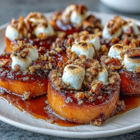 Candied yams with marshmallow pecan crumble baked to golden perfection in a cozy casserole dish.  