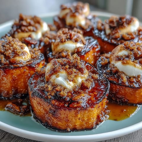 Sweet potato rounds glazed in brown sugar syrup and topped with toasted marshmallows and crunchy pecan streusel.  
