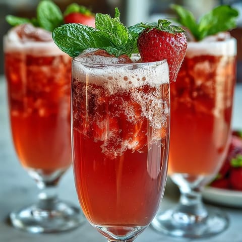 Festive strawberry mimosa bar with fresh fruit purees and sparkling wine for Galentine's brunch.  