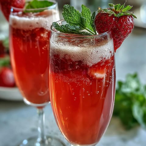 Interactive brunch setup featuring strawberry mimosa bar with colorful fruit garnishes and sparkling juice pairings.  