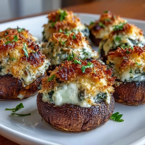 Creamy air fryer stuffed mushrooms filled with spinach and cheese, golden and crisp on top. A savory vegetarian appetizer perfect for parties or snacking.
