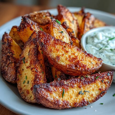 Crispy air-fried potato wedges paired with tangy spring onion dip, an easy vegetarian side dish for any meal.  