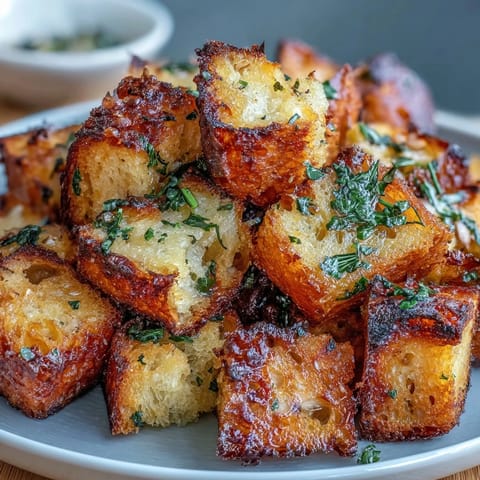 Crispy, golden sourdough croutons seasoned with garlic, olive oil, and fragrant herbs—perfect for adding crunch to salads or soups.