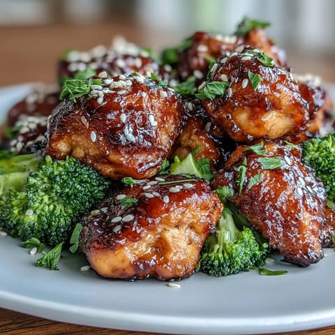 Golden air fryer honey garlic chicken bites glazed in sweet and savory sauce, served over crisp broccoli florets.  