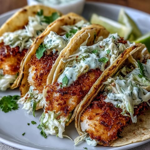 Golden air fryer fish tacos topped with crunchy cabbage slaw and drizzled with creamy lime sauce, served in warm tortillas for a fresh, zesty meal.  