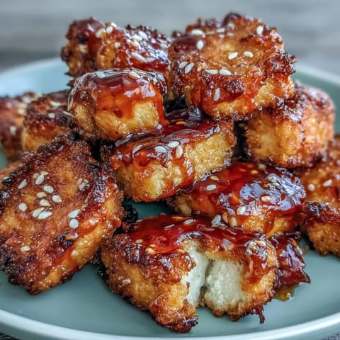 Golden tofu nuggets with a crunchy coating, tossed in tangy sweet chili sauce and garnished with sesame seeds for extra flavor.  