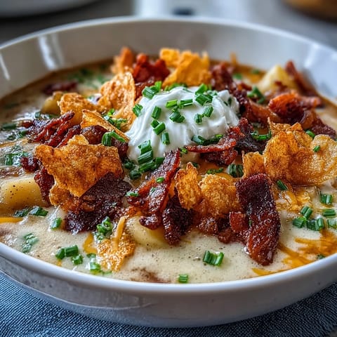 Creamy Funeral Potatoes Loaded Baked Potato Soup with melted cheddar, crispy bacon, and crushed potato chips in a hearty bowl.