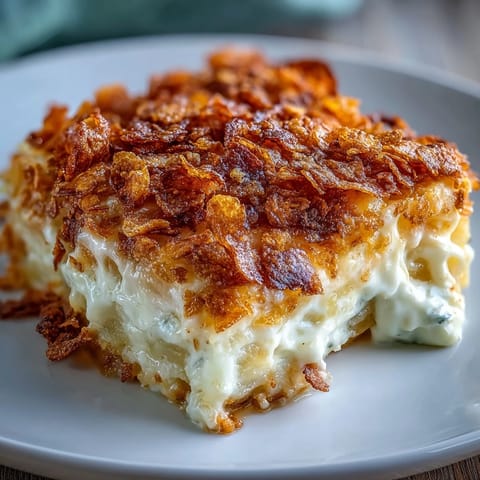 Creamy lightened funeral potatoes with Greek yogurt and crispy cornflake topping in a golden baked casserole.  