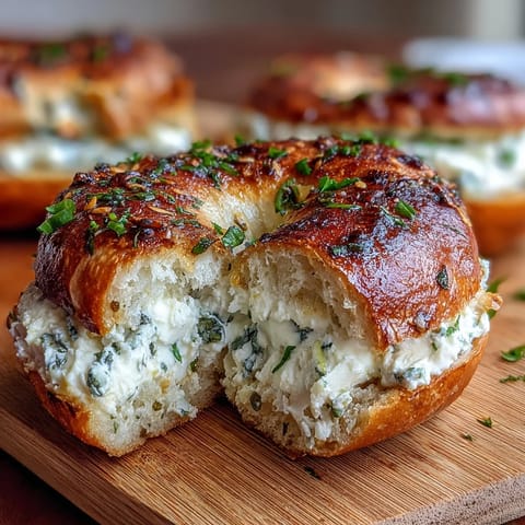 A close-up of freshly baked garlic herb protein bagels with cottage cheese spread, garnished with chives and parsley.  