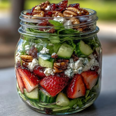 Fresh layered picnic jar salad with strawberries, goat cheese, and crunchy pecans, perfect for outdoor meals or on-the-go lunches.