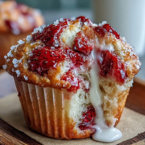 Strawberry Yogurt Muffins topped with fresh berries and golden sugar crystals, baked to a soft and fluffy texture for a wholesome breakfast or snack.