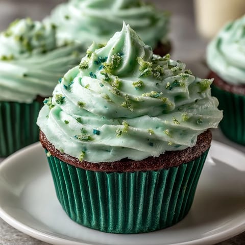 Vibrant green velvet cupcakes with smooth vanilla frosting, decorated with festive sprinkles for St. Patricks Day celebrations.