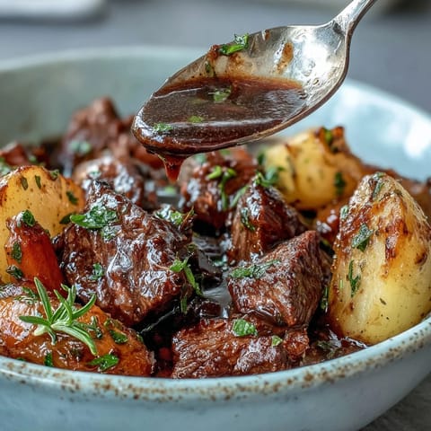 A warm bowl of cozy beef stew with tender chunks of beef and colorful root vegetables simmering in a savory broth.  