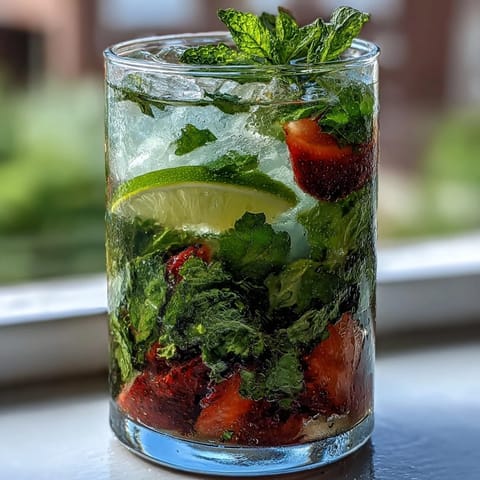 Refreshing virgin mojito pitcher with vibrant mint leaves, juicy lime slices, and sweet strawberries, perfect for spring gatherings.