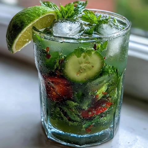 Spring-inspired non-alcoholic mojito pitcher filled with fresh mint, zesty lime, and bright strawberries, ideal for garden parties.