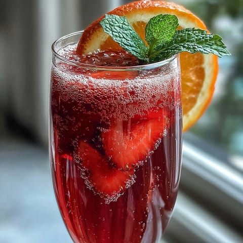 Vibrant Mother's Day brunch strawberry mimosa mocktails with fresh strawberry purée and sparkling citrus, garnished with orange slices and mint.
