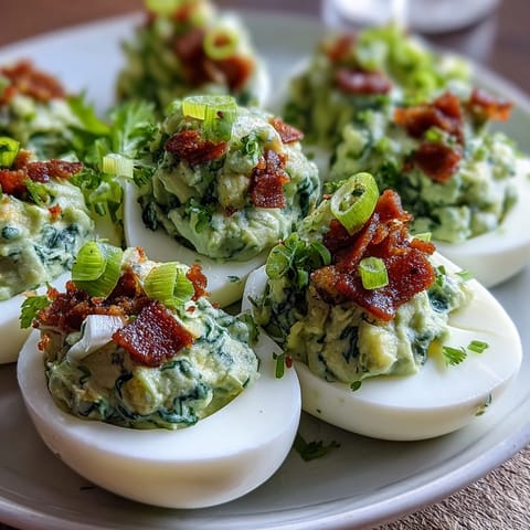 Vibrant green spinach filling brightens classic deviled eggs with a fresh, creamy twist and crispy ham topping.