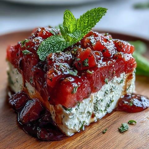 Colorful watermelon feta mint skewers drizzled with olive oil, offering a refreshing Mediterranean flavor in every bite.