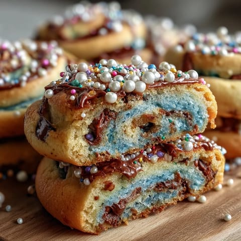 Colorful pastel swirl cookies inspired by Cookie Run Kingdom, with soft buttery texture and festive sprinkles on top.  