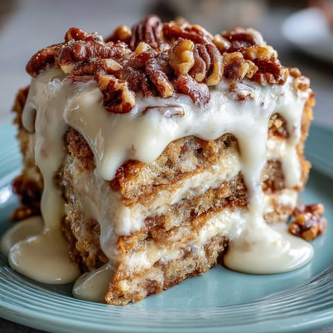 Moist spiced carrot and walnut layer cake with tangy cream cheese frosting, garnished with chopped walnuts and fresh edible flowers.