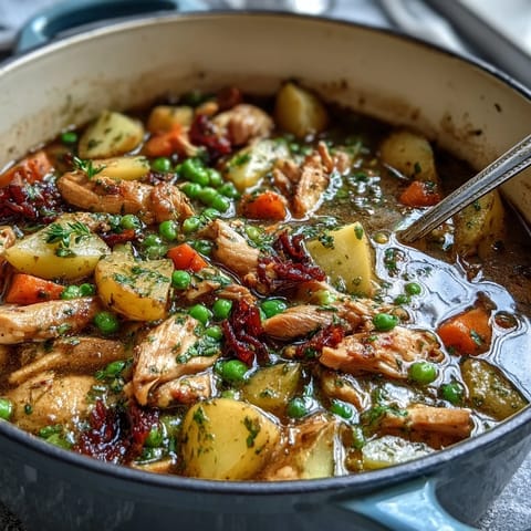 Slow Cooker Chicken Pot Pie Soup with tender chicken and creamy vegetables in a hearty broth, perfect for a comforting dinner.