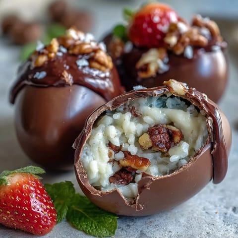 Dubai Chocolate Strawberry Easter Eggs with Crunch Filling in festive molds, showcasing golden chocolate shells and a luscious crunchy hazelnut center.