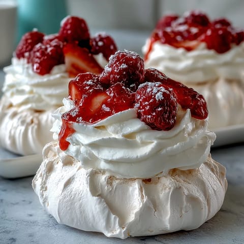 Delicate meringue nests topped with whipped cream and juicy strawberries, perfect for spring gatherings.