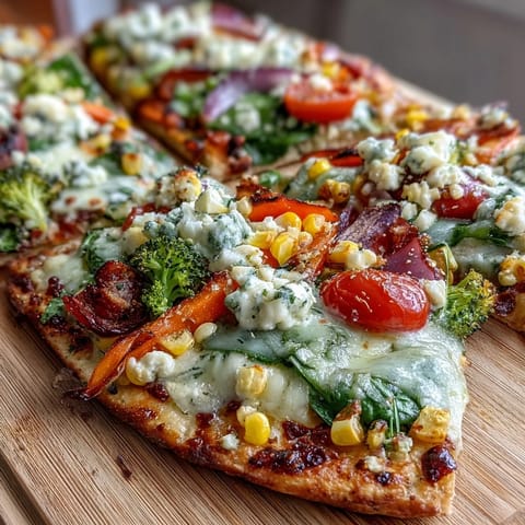 St. Patricks Day Rainbow Veggie Flatbread Pizza with vibrant layers of fresh vegetables arranged in a festive rainbow pattern on a crispy naan base.
