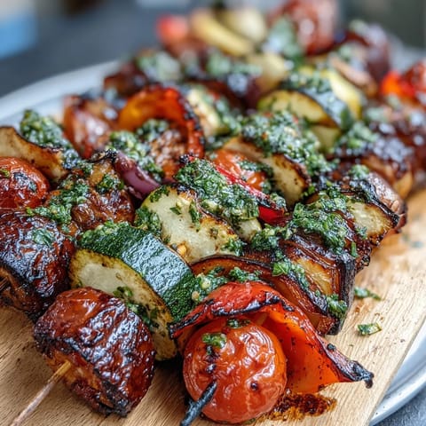 Grilled vegetable skewers bursting with color, featuring zucchini, peppers, and mushrooms topped with chimichurri sauce.
