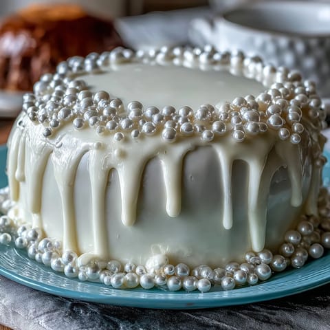 Elegant First Communion sheet cake adorned with smooth pearl fondant and edible pearls for a sacred celebration.