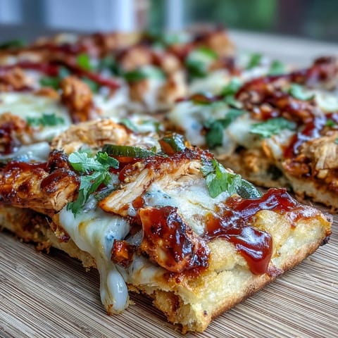 Smoky BBQ chicken flatbread pizza with melted mozzarella, red onions, and bell peppers, drizzled with tangy BBQ sauce and fresh cilantro.