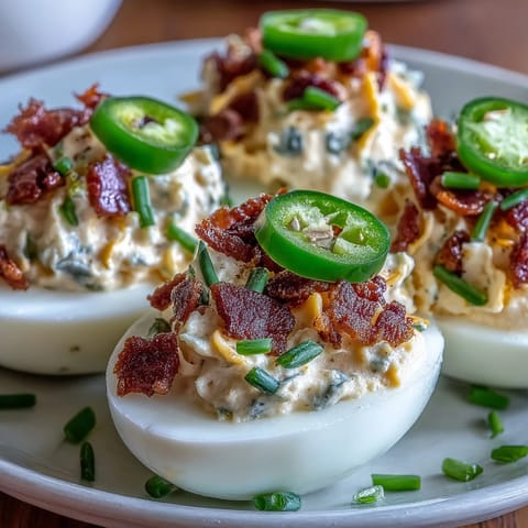 Spicy jalapeño popper deviled eggs with creamy cheese and crispy bacon, perfect for parties or appetizers.  