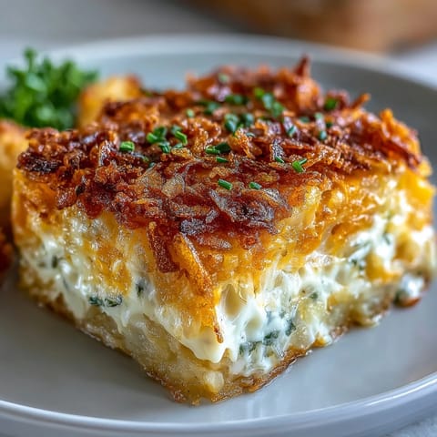 Cheesy hash brown casserole with golden, bubbly cheese and crispy cornflake topping in a baking dish.