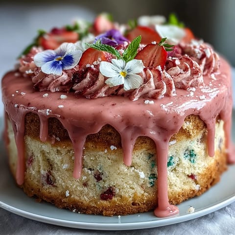 A vibrant floral drip cake with fresh strawberry frosting and white chocolate drizzle, adorned with edible flowers.