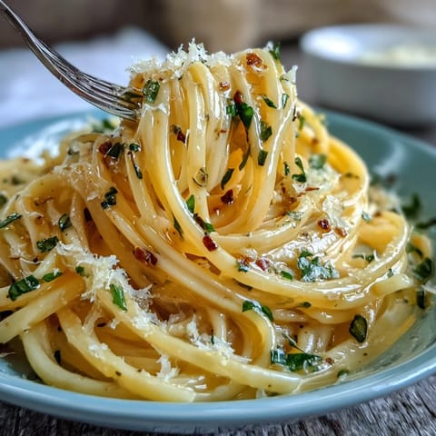 Creamy lemon butter pasta with fresh garlic and Parmesan, served in a white bowl with parsley garnish and lemon wedges on the side.