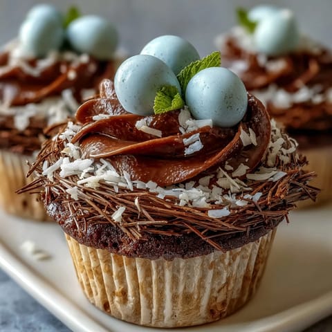 Easter Nest Cupcakes with chocolate buttercream and candy eggs in a nest design, perfect for festive Easter celebrations.  