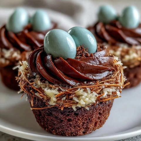 Adorable bird's nest cupcakes decorated with rich chocolate frosting and colorful candy Easter eggs, ideal for spring parties.  