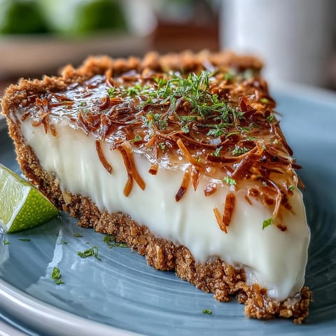 Vibrant Coconut Lime Tart with Graham Cracker Crust: Zesty lime and rich coconut filling in a golden graham cracker crust, topped with fresh lime zest and coconut flakes for a refreshing summer treat.
