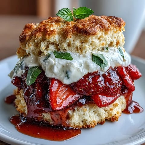 Fresh strawberry basil shortcake biscuits with juicy berries, fragrant basil, and whipped cream topping.