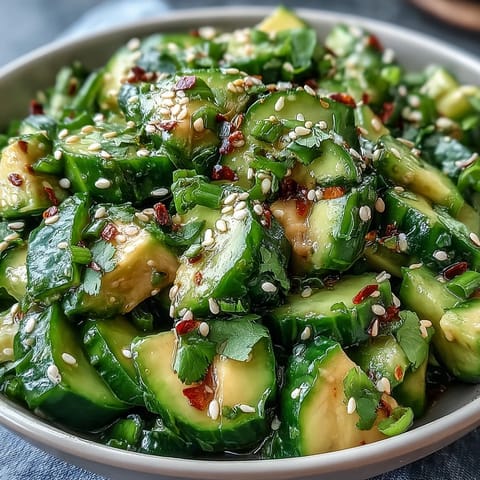 A vibrant bowl of smashed cucumber and avocado salad, drizzled with sesame dressing and sprinkled with toasted seeds.